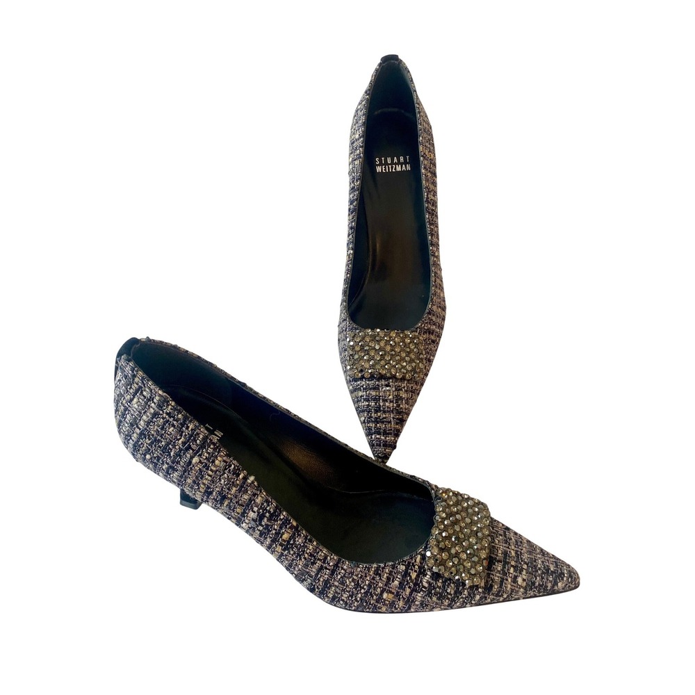 NWOT Stuart Weitzman Tweed Crystal Buckle Pointed Toe  Heel Pumps luxury party